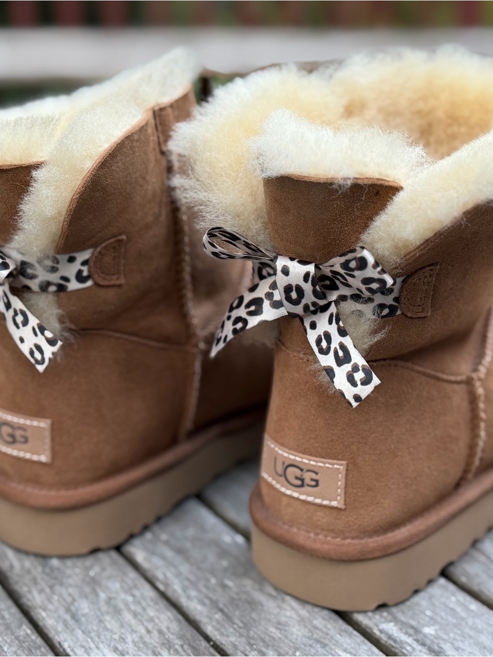 UGG Mini Bailey Bow II Exotic Chestnut Suede Boot Leopard Women Size 9 NWOB
